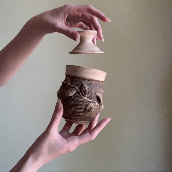 Ceramic Herb Jar, Handmade Lidded Pottery Jar, Rustic Sgraffito Leaves - Picture 2 of 14